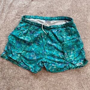 Vintage 90s Sideout Swim Trunks Teal Print Short Inseam Made In USA L